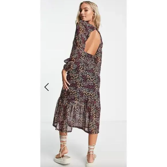 ASOS The Frolic Square Neck Midi Tea Dress With Mesh Sleeves Ditsy Floral Size 6 - Picture 2 of 13